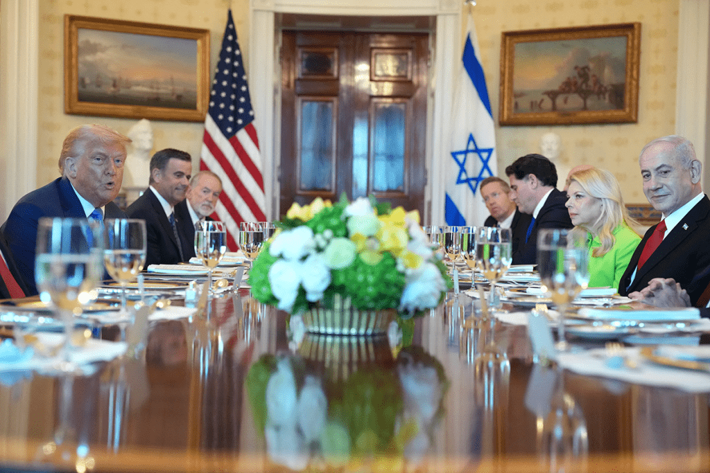Donald Trump and Benjamin Netanyahu during their meeting in the Blue Room at the White House yesterday. AFP